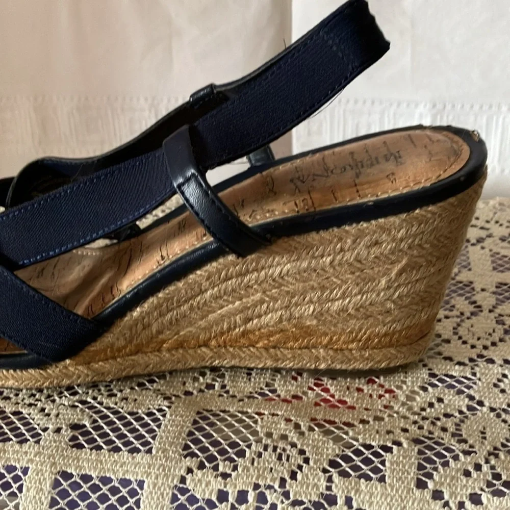Merona Women’s Sz 10 Navy Blue Espadrille Wedge Sandals 3” Heel Ankle Strap GUC